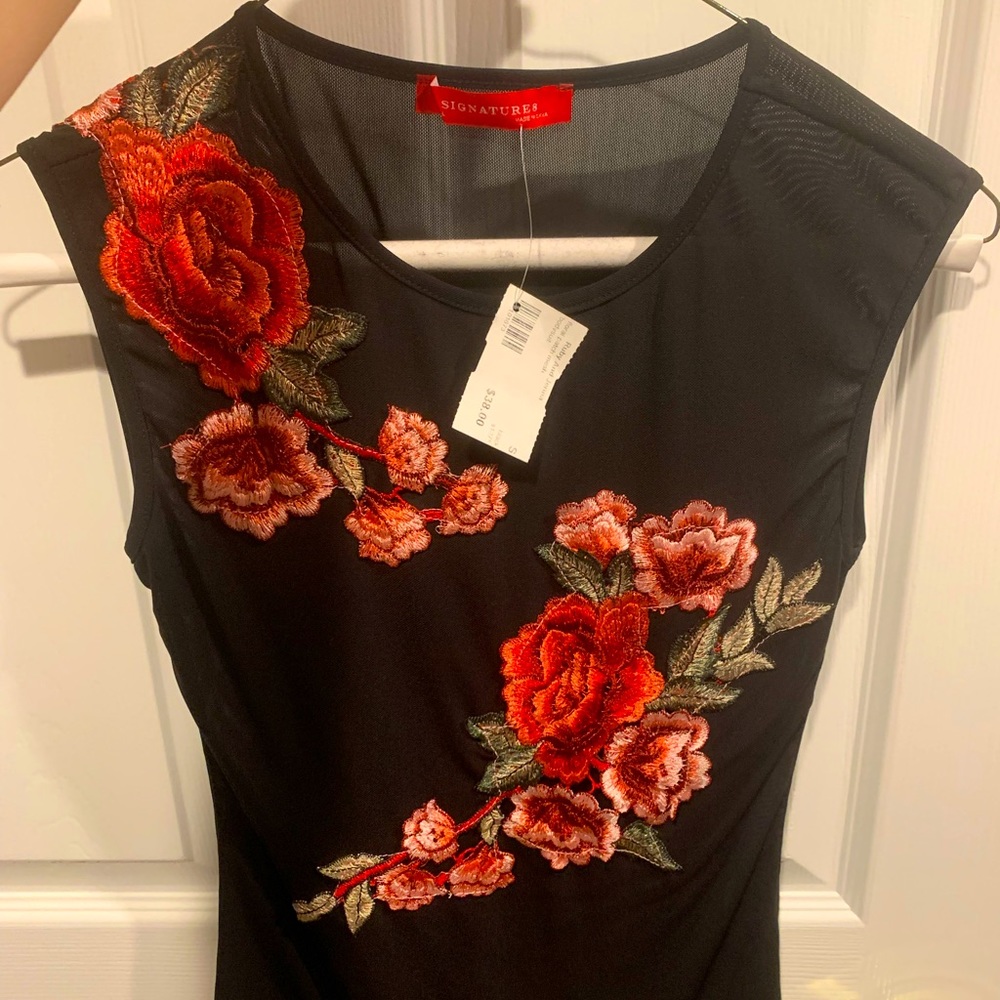 Black mesh and embroidered bodysuit